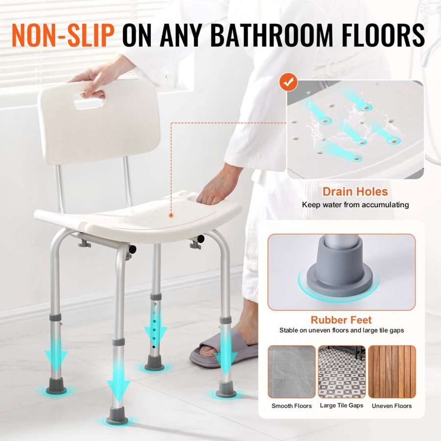 VEVOR Shower Chair, Shower Seat with Back, Adjustable Height Shower Stool, Shower Chair for Inside Shower Bathtub, Non-slip Bathroom Bench Bath Chair for Elderly Disabled Handicap, 158.8 kg Capacity