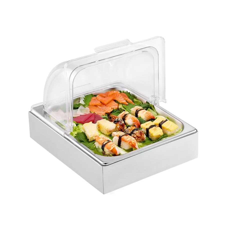 VEVOR Countertop Food Serving Display Container, 1 x 1/2 Pan Stainless Steel Food Serving Tray, Buffet Condiment Dispenser Display Rack with Clear Lid & Ice Tray, for Restaurant Hotel Kitchen Party