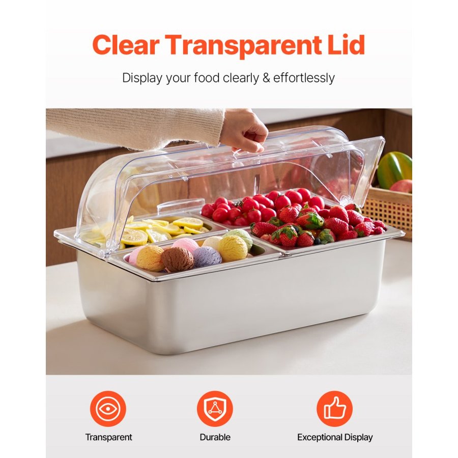 VEVOR Countertop Food Serving Display Container, 4 Pan Stainless Steel Food Serving Tray, Buffet Condiment Dispenser Display Rack with Clear Lid & 3 Freezer Boxes, for Restaurant Hotel Kitchen Party