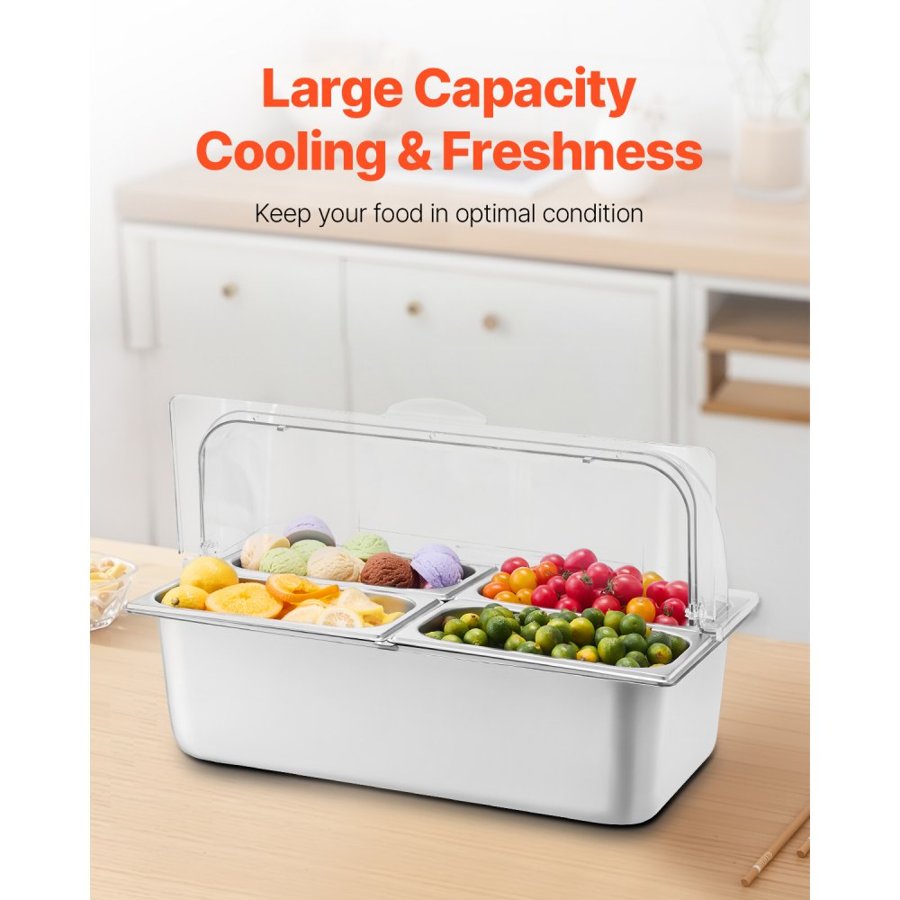 VEVOR Countertop Food Serving Display Container, 4 Pan Stainless Steel Food Serving Tray, Buffet Condiment Dispenser Display Rack with Clear Lid & 3 Freezer Boxes, for Restaurant Hotel Kitchen Party
