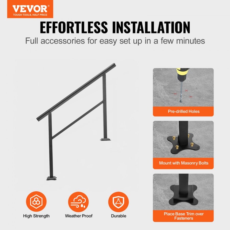VEVOR Handrail Banister Outdoor Stairs 48X35.5 Inch Outdoor Handrail Stair Railing Adjustable from 0 to 45 Degrees Handrail for Cross Bar Stairs Outdoor Aluminum Black Stair Railing