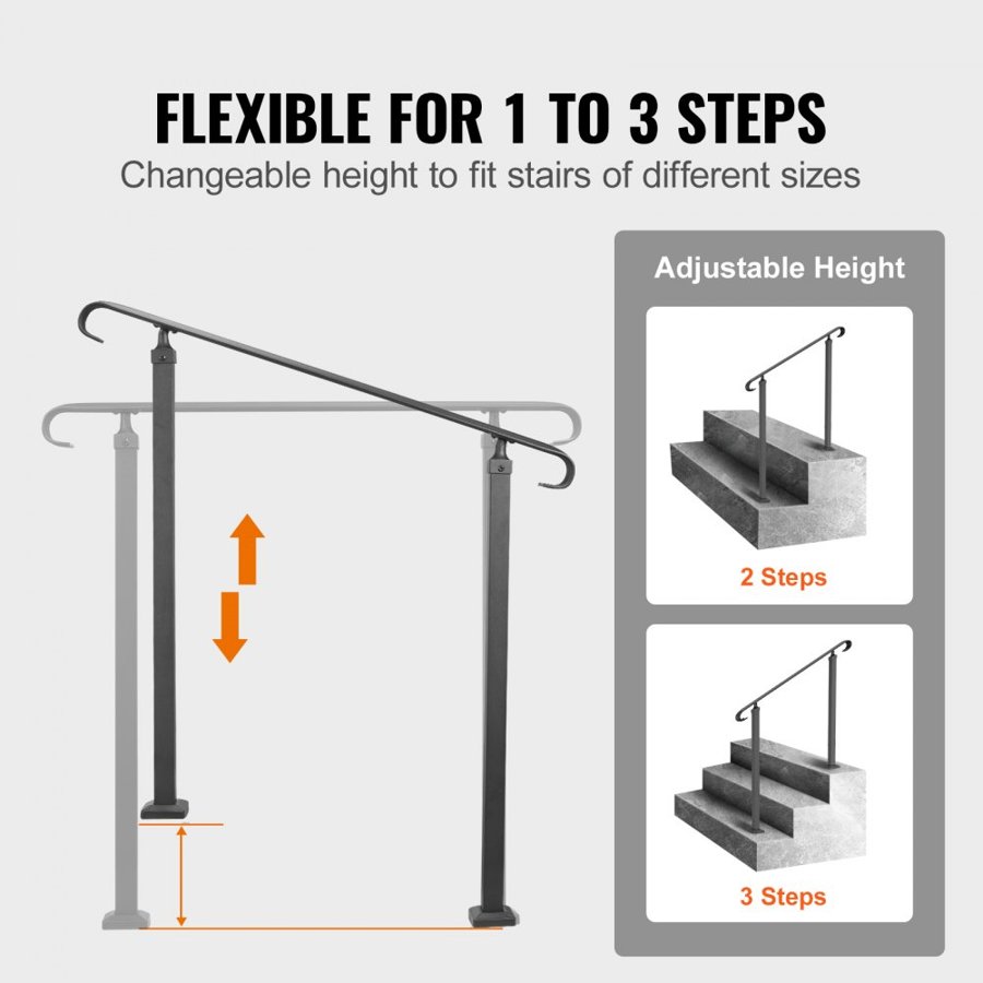 VEVOR Handrail Banister Outdoor Stairs 48X35.5 Inch Outdoor Handrail Stair Railing Adjustable from 0 to 45 Degrees Handrail for Cross Bar Stairs Outdoor Aluminum Black Stair Railing