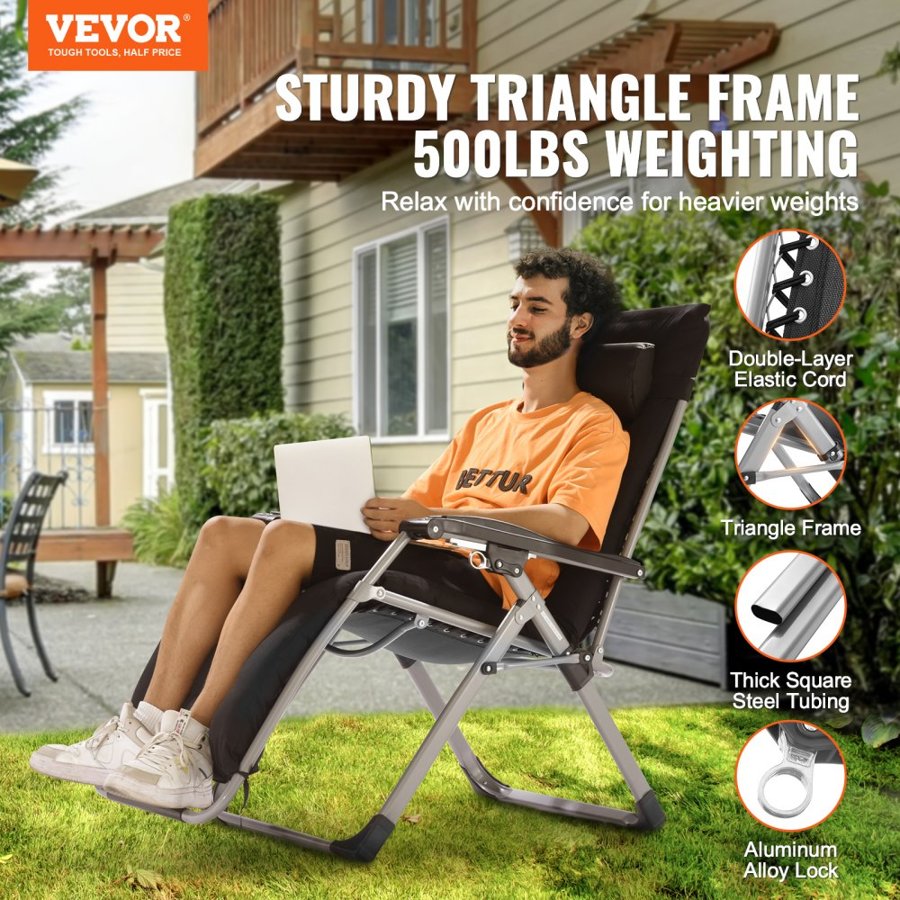 VEVOR Cushioned Zero Gravity Chair – 26", 500lbs Heavy-Duty