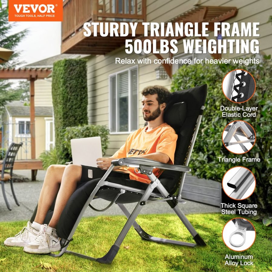 VEVOR Zero Gravity Chair, 33 inch Zero Gravity Recliner Lounge Chair for Indoor and Outdoor, Adjustable Anti Gravity Chair with Cushion, Headrest, Footrest, and Cupholder, 500 lbs, Black