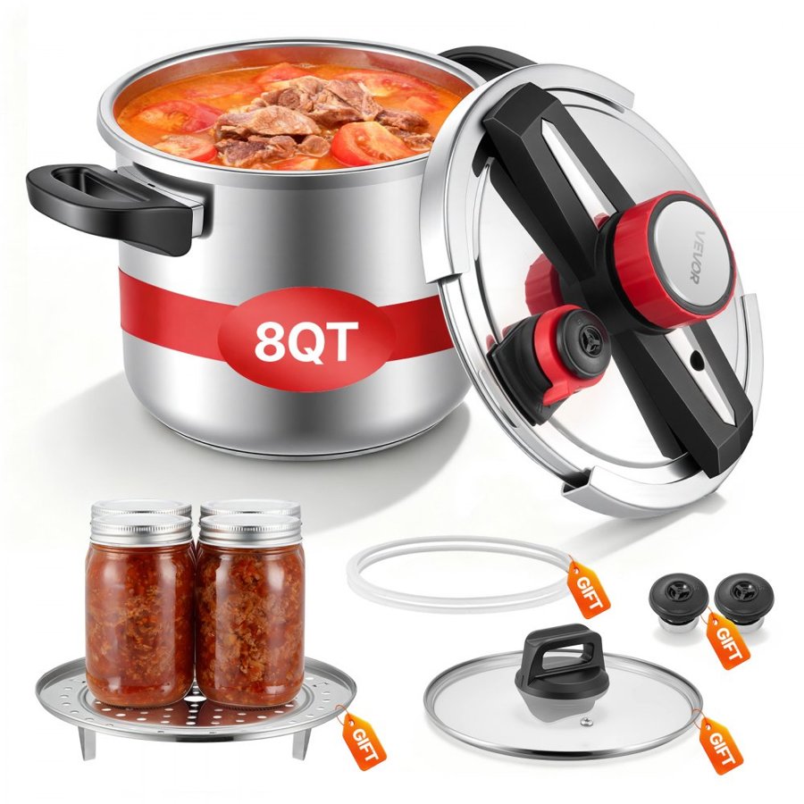 VEVOR Pressure Cooker, 7L Pressure Cooker Stainless Steel, Pressures Canner with Steaming Rack, Tempered Glass Lid, Three Pressures Settings for Meat, Beans, Rice, Soup, Sauces, Cook up to 100 kPa