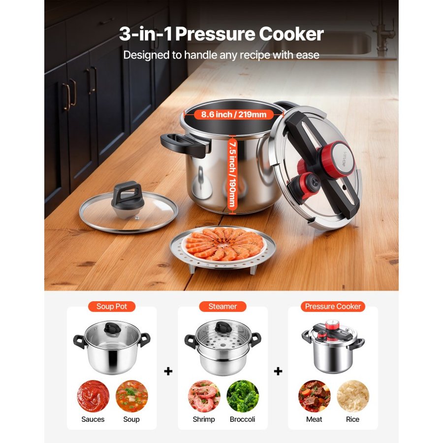 VEVOR Pressure Cooker, 7L Pressure Cooker Stainless Steel, Pressures Canner with Steaming Rack, Tempered Glass Lid, Three Pressures Settings for Meat, Beans, Rice, Soup, Sauces, Cook up to 100 kPa