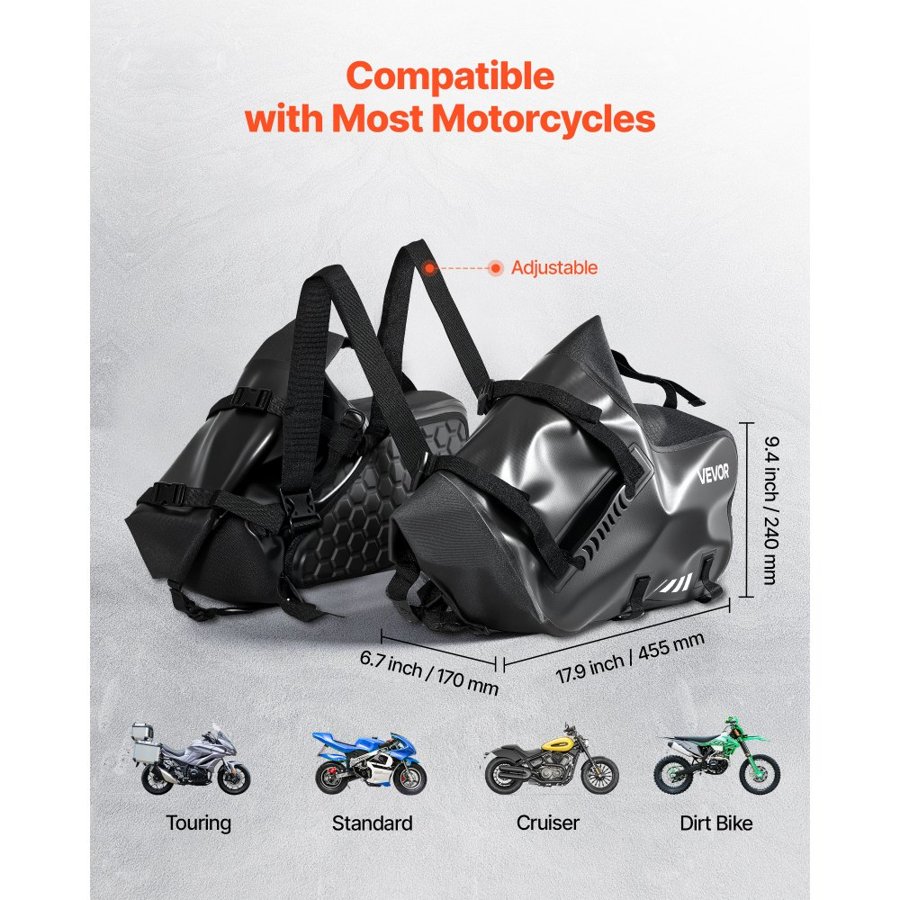 VEVOR Waterproof Saddlebags For Motorcycle – 28L, Black