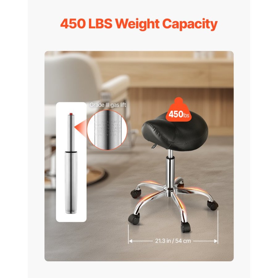 VEVOR Saddle Stool with Wheels, 450 LBS Weight Capacity Ergonomic Rolling Stool, Height Adjustable Thickened PU Leather Swivel Saddle Chair for Salon, Spa, Massage, Tattoo, Clinic, Black