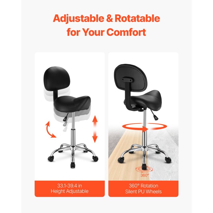 VEVOR Saddle Stool with Back Support and Wheels, 450 LBS Weight Capacity Ergonomic Rolling Stool, Height Adjustable Thickened PU Leather Swivel Saddle Chair for Salon, Spa, Massage, Tattoo, Black