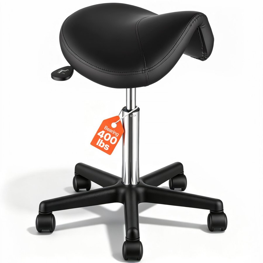 VEVOR Saddle Stool with Wheels, 181.4 kg Weight Capacity Ergonomic Rolling Saddle Stool, Height Adjustable Thickened PU Leather Swivel Saddle Stools Chair for Salon, Spa, Tattoo, Clinic, Black