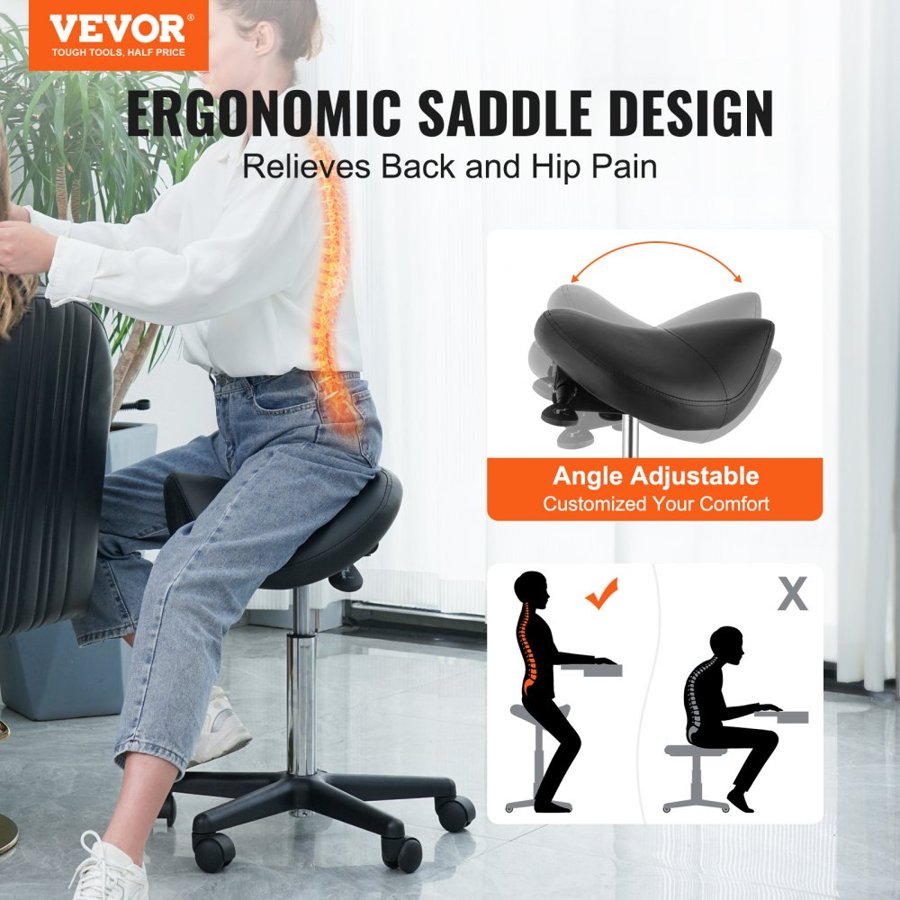 VEVOR Saddle Stool with Wheels, 181.4 kg Weight Capacity Ergonomic Rolling Saddle Stool, Height Adjustable Thickened PU Leather Swivel Saddle Stools Chair for Salon, Spa, Tattoo, Clinic, Black