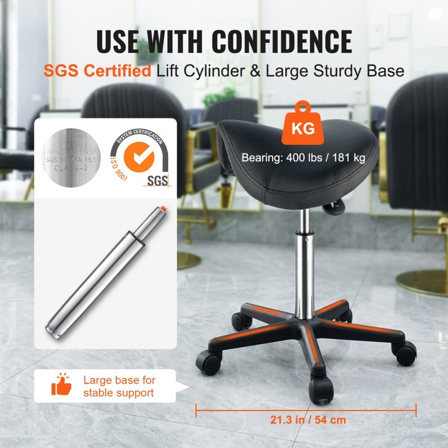 VEVOR Saddle Stool with Wheels, 181.4 kg Weight Capacity Ergonomic Rolling Saddle Stool, Height Adjustable Thickened PU Leather Swivel Saddle Stools Chair for Salon, Spa, Tattoo, Clinic, Black