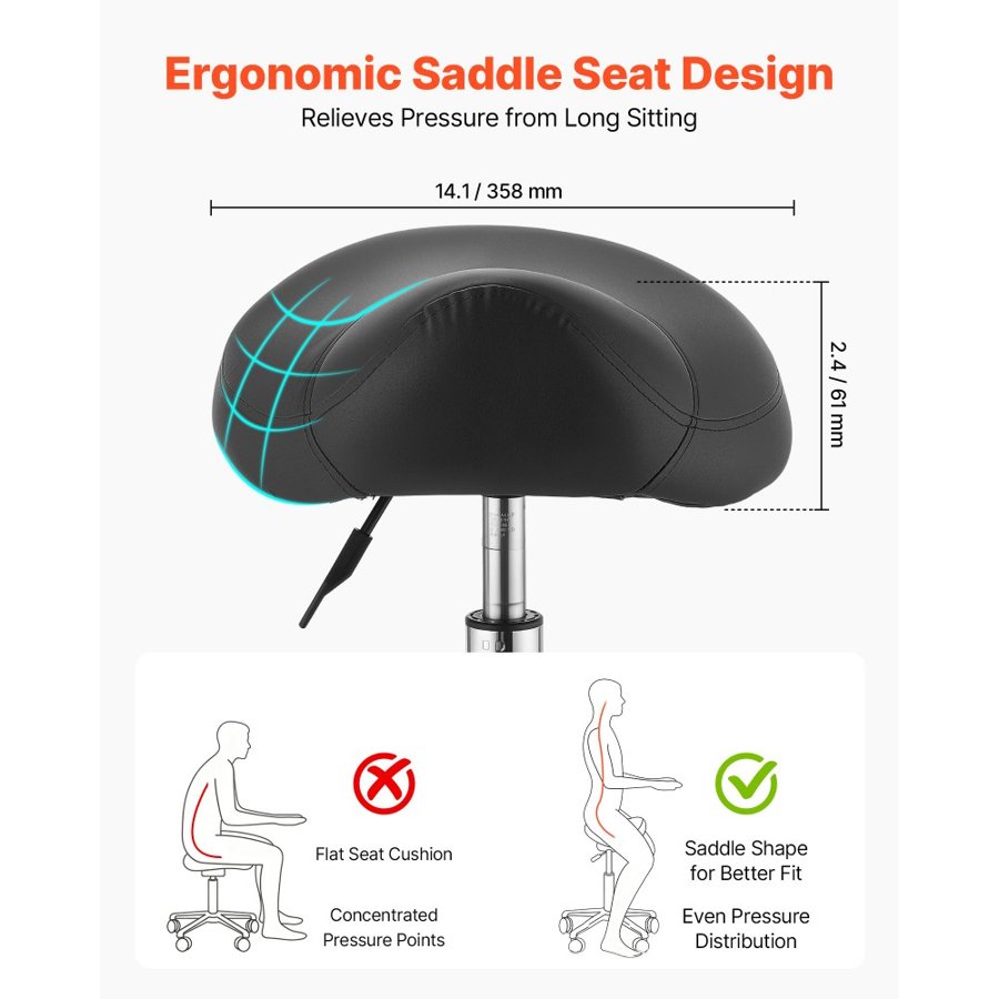 VEVOR Saddle Stool with Wheels, 226.8kg Weight Capacity, Height Adjustable, Ergonomic PU Leather Seat, 360° Swivel Saddle Stool Rolling Chair for Salon, Spa, Bar, Home, Medical, and Massage, Black