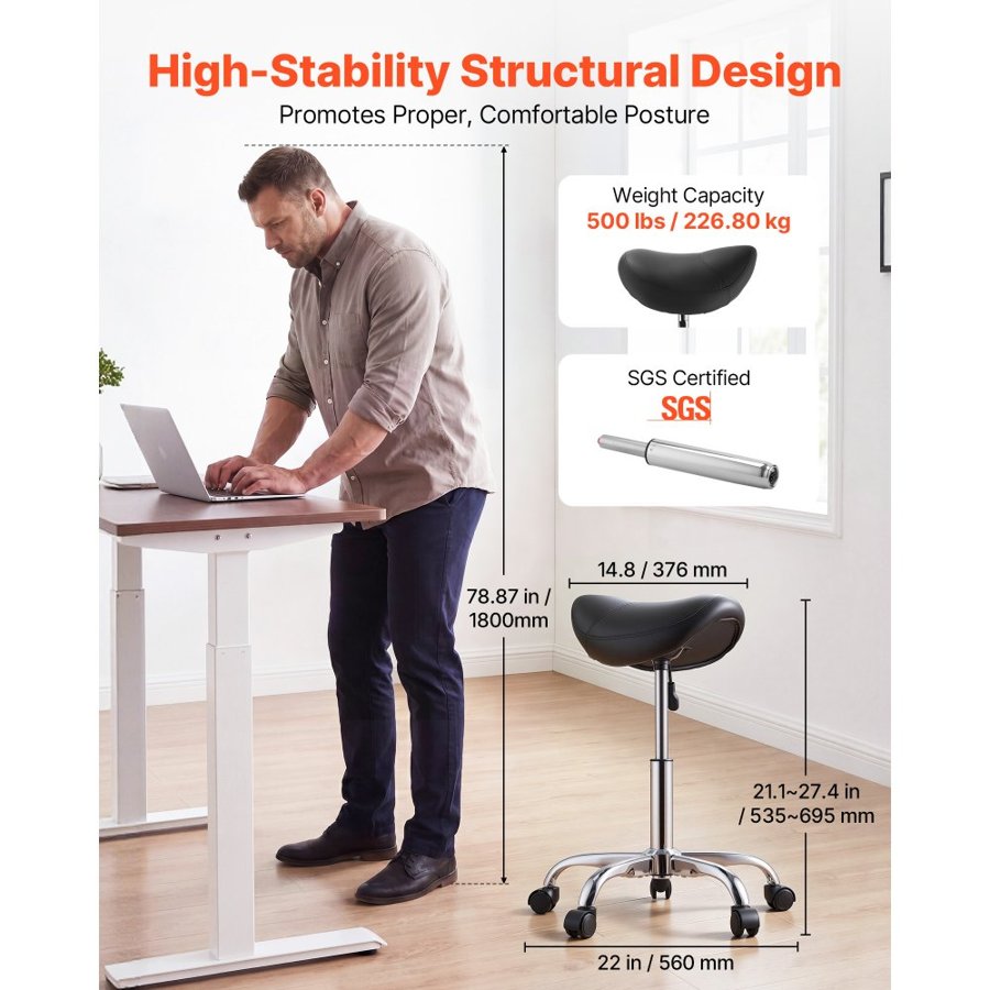 VEVOR Saddle Stool with Wheels, 226.8kg Weight Capacity, Height Adjustable, Ergonomic PU Leather Seat, 360° Swivel Saddle Stool Rolling Chair for Salon, Spa, Bar, Home, Medical, and Massage, Black