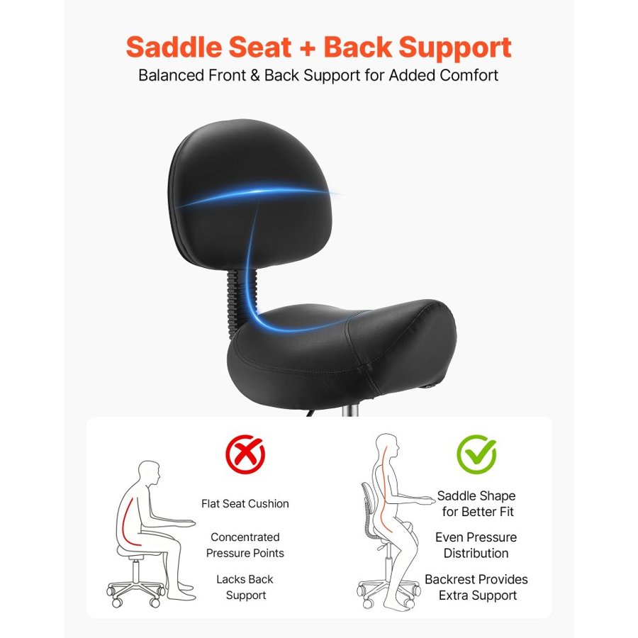 VEVOR Saddle Stool with Back Support Footrest, 500 lbs Weight Capacity, Height Adjustable, Quiet Casters, PU Leather Seat, 360° Swivel Saddle Stool Rolling Chair for Salon, Spa, Bar, Medical, Black