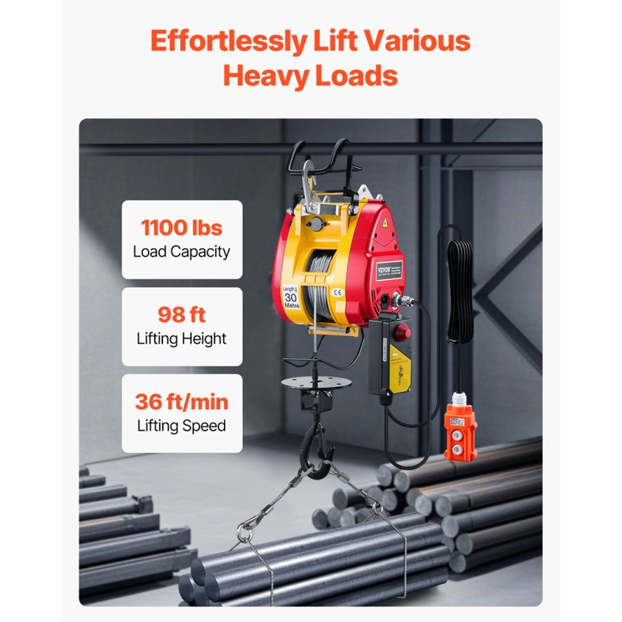 VEVOR Electric Power Winch – 1100lbs, 1800W, 98ft Lift