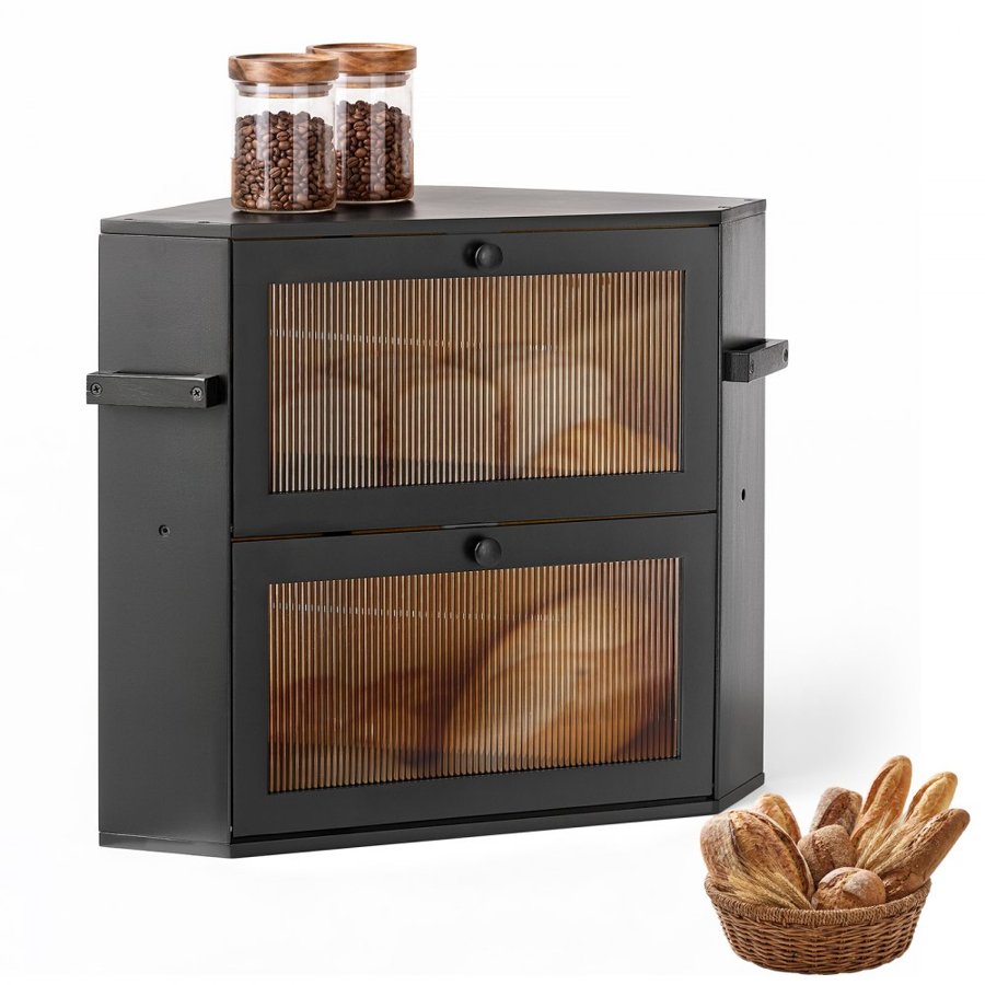 VEVOR Corner Bread Box for Kitchen Counter Bamboo Wood Container Black, for Homemade Bread, Under Cabinet, and Pantry, Double Layer Farmhouse Breadbox Bin, with Acrylic Door Panel and Air Vents