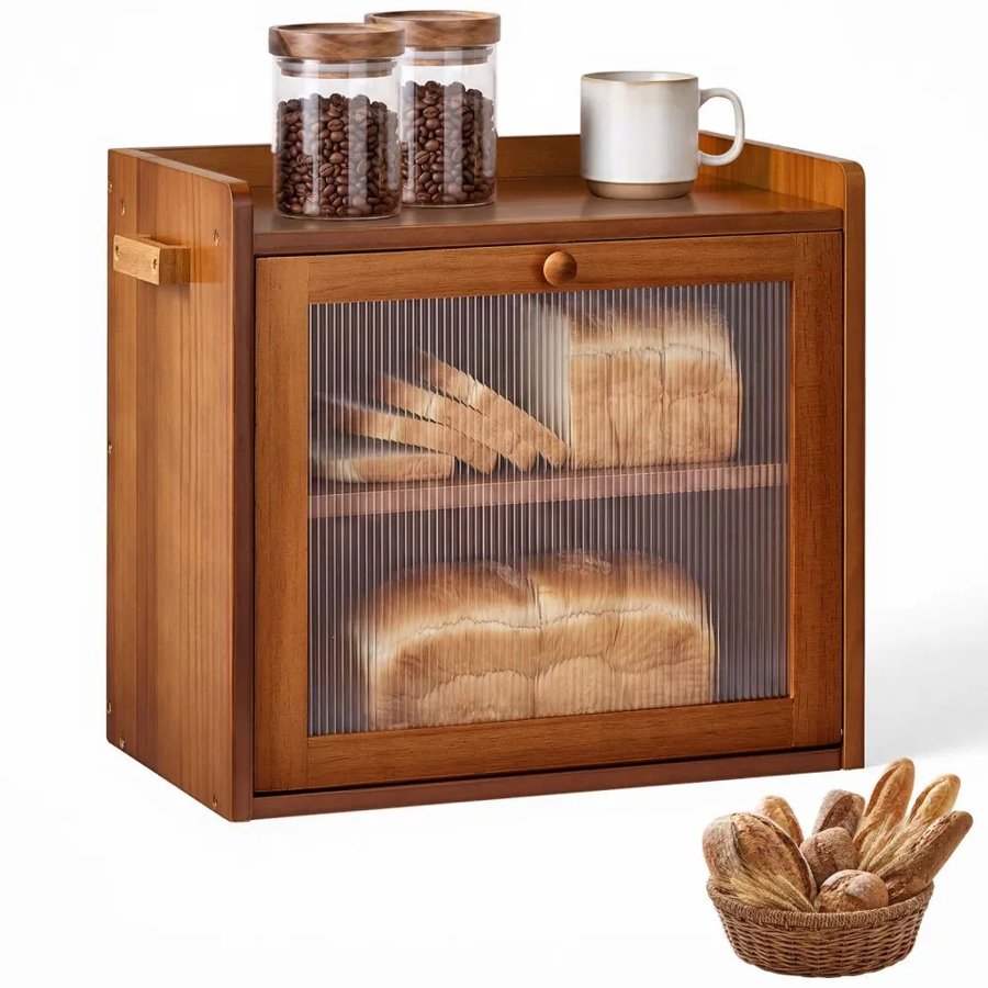 VEVOR Bread Box for Kitchen Counter Wood Storage Compact Container Brown, for Homemade Bread, Under Cabinet, and Pantry, Double Layer Farmhouse Breadbox Bin, with Acrylic Door Panel and Air Vents