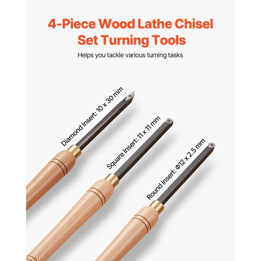 VEVOR Wood Lathe Turning Tool Set, 4PCS, Lathe Roughing Finishing and Detailing Hollow Tool with Wooden Handle, Diamond Round Square Carbide Inserts, Wooden Box, for Beginners Hobbyists Professionals
