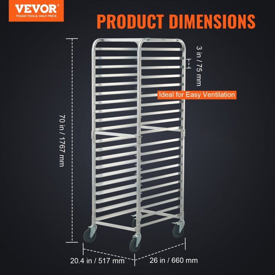 VEVOR Bun Pan Rack, 20-Tier Commercial Bakery Racks with Brake Wheels, Aluminum Racking Trolley Storage for Half & Full Sheet, Speed Rack For Kitchen Home, Bread Baking Equipment, 66 x 51.8 x 177.8 cm