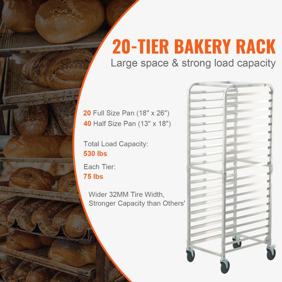 VEVOR Bun Pan Rack, 20-Tier Commercial Bakery Racks with Brake Wheels, Aluminum Racking Trolley Storage for Half & Full Sheet, Speed Rack For Kitchen Home, Bread Baking Equipment, 66 x 51.8 x 177.8 cm