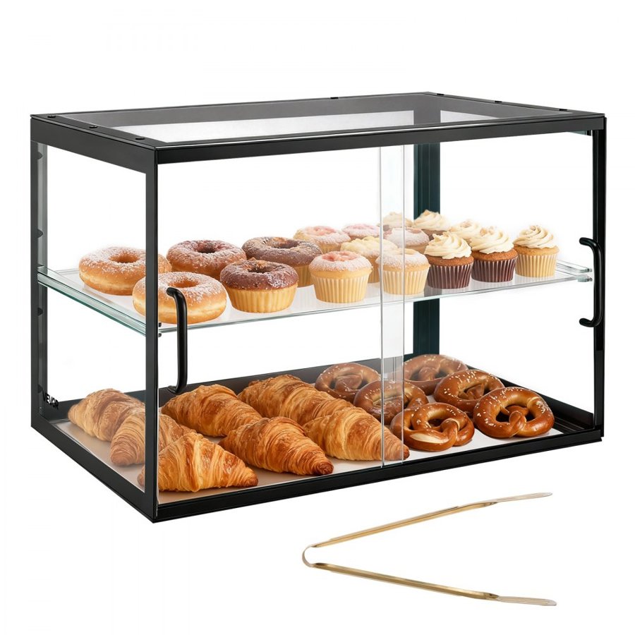 VEVOR Bakery Display Case, 2-Tier Commercial Countertop Pastry Display Case, Clear Acrylic Bread Box for Kitchen, Party Cake Cabinet with Sliding Door for Cookie Dessert Donut, 550 x 385 x 390 mm