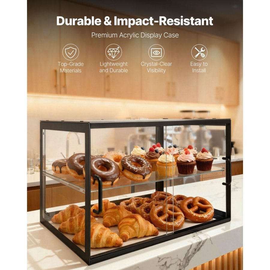VEVOR Bakery Display Case, 2-Tier Commercial Countertop Pastry Display Case, Clear Acrylic Bread Box for Kitchen, Party Cake Cabinet with Sliding Door for Cookie Dessert Donut, 550 x 385 x 390 mm