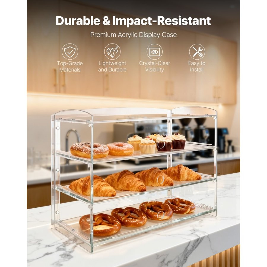 VEVOR Countertop Bakery Display Case – 3-Tier, 19x9x15 In