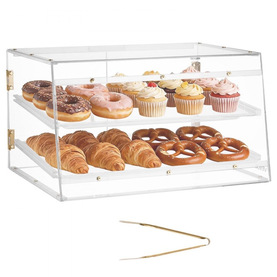 VEVOR Bakery Display Case, 2-Tier Commercial Countertop Pastry Display Case, Clear Acrylic Bread Box for Kitchen, Party Cake Cabinet with Magnetic Rear Door for Cookie Dessert Donut, 20.7"x15.7"x12"