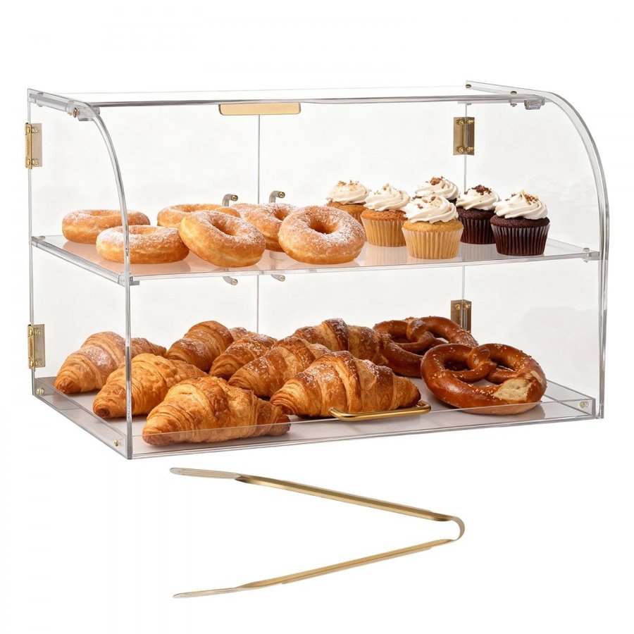 VEVOR Bakery Display Case, 2-Tier Commercial Countertop Pastry Display Case, Clear Acrylic Bread Box for Kitchen, Party Cake Cabinet with Magnetic Rear Door for Cookie Dessert Donut, 558x355x355 mm