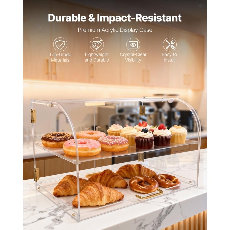VEVOR Bakery Display Case, 2-Tier Commercial Countertop Pastry Display Case, Clear Acrylic Bread Box for Kitchen, Party Cake Cabinet with Magnetic Rear Door for Cookie Dessert Donut, 558x355x355 mm
