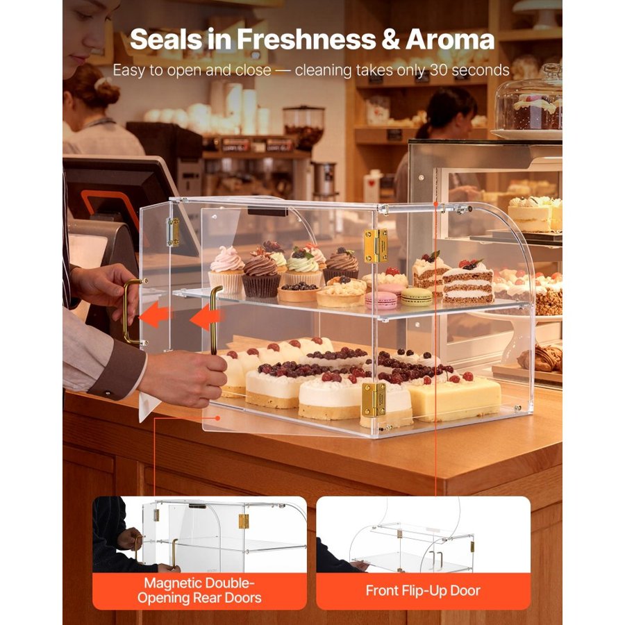 VEVOR Bakery Display Case, 2-Tier Commercial Countertop Pastry Display Case, Clear Acrylic Bread Box for Kitchen, Party Cake Cabinet with Magnetic Rear Door for Cookie Dessert Donut, 558x355x355 mm