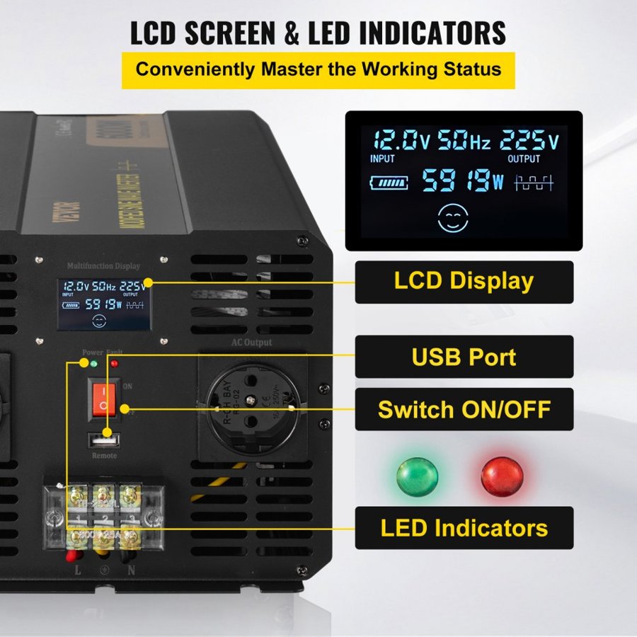 VEVOR Modified Sine Wave Power Inverter – 6000W, 12V to 230V