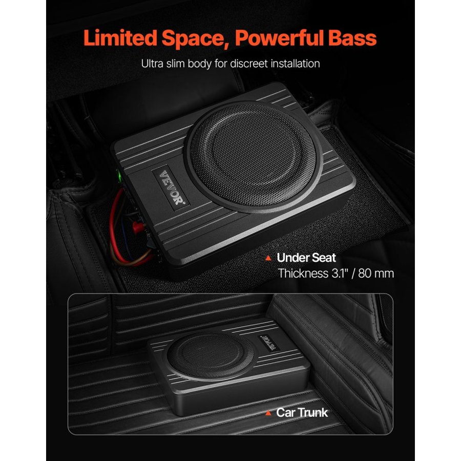 VEVOR Slim Powered Subwoofer Car – 10 in, 300W, Under Seat