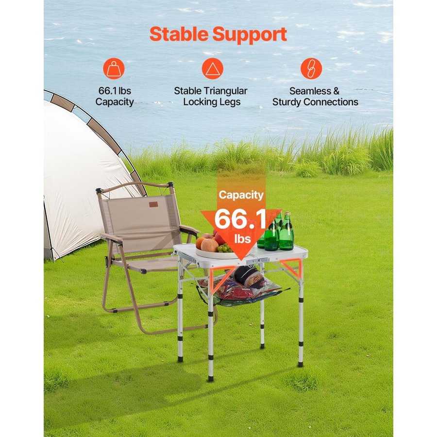 VEVOR Folding Camping Table, Adjustable Height Portable Side Tables, Aluminum MDF Beach Table with Mesh Layer, Carrying Handle, Lightweight Compact for Outdoor Picnic BBQ Cooking, 24x16in, Silver