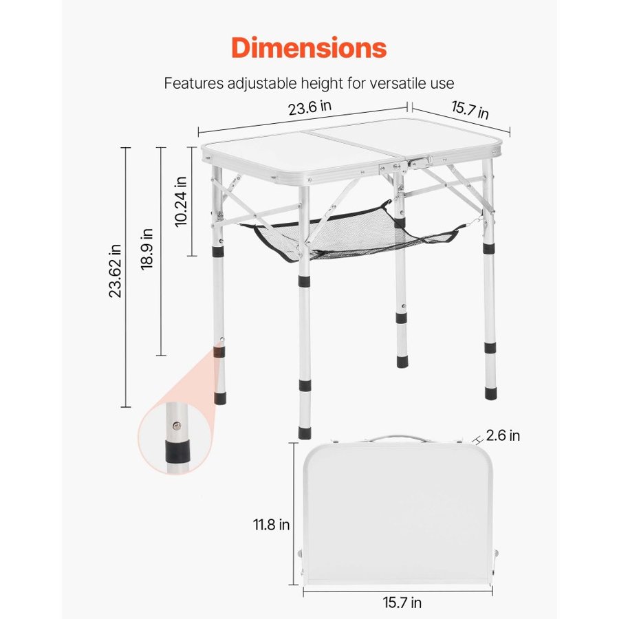 VEVOR Folding Camping Table, Adjustable Height Portable Side Tables, Aluminum MDF Beach Table with Mesh Layer, Carrying Handle, Lightweight Compact for Outdoor Picnic BBQ Cooking, 24x16in, Silver