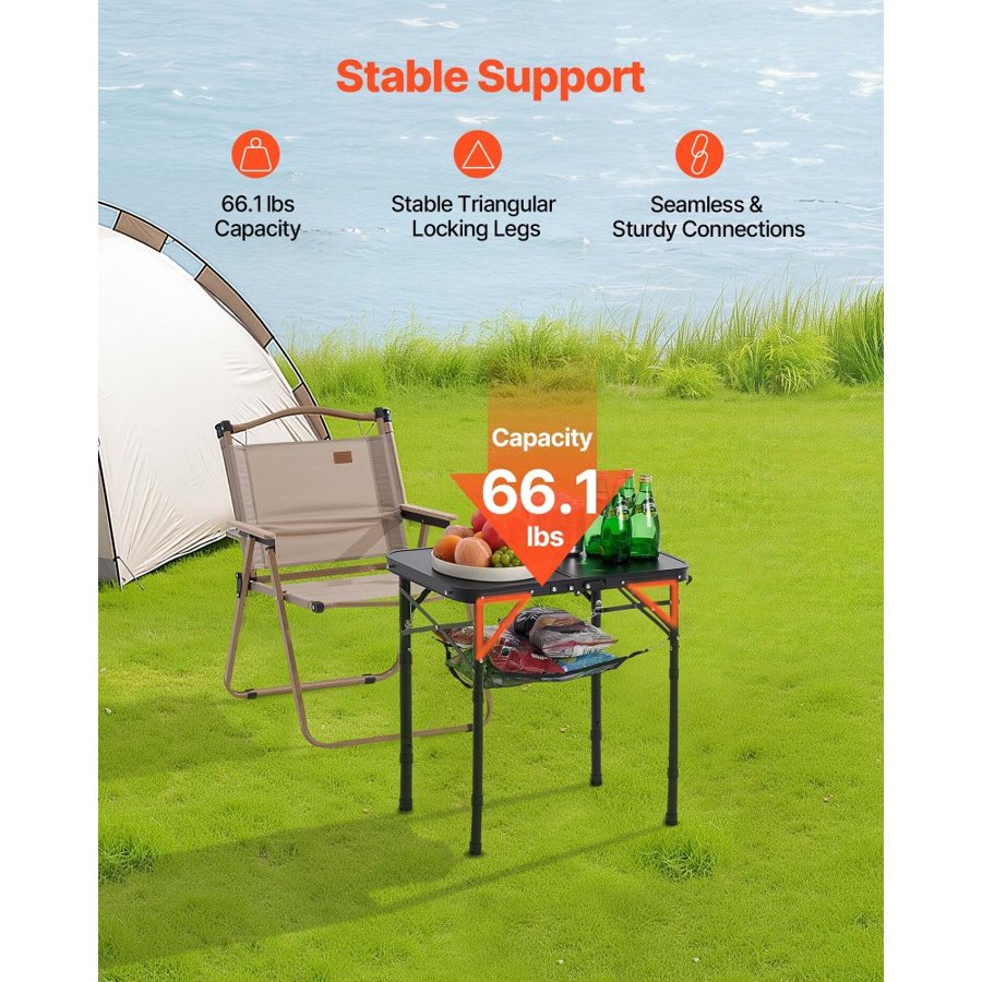 VEVOR Folding Camping Table, Adjustable Height Portable Side Tables, Aluminum MDF Beach Table with Mesh Layer, Carrying Handle, Lightweight Compact for Outdoor Picnic BBQ Cooking, 24x16in, Black