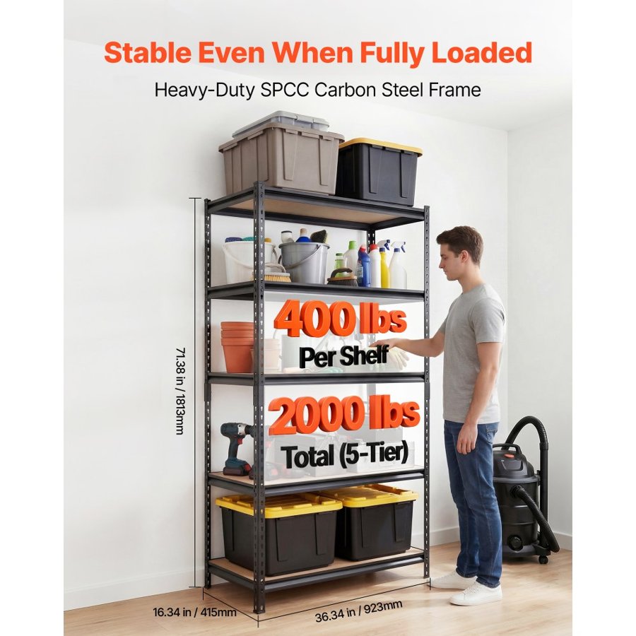 VEVOR Storage Shelves, 5-Tier Adjustable, 907.2 kg Capacity, Heavy Duty Garage Storage Shelving Unit, Metal Utility Rack Shelf, for Garage Warehouse Basement Kitchen, 923 mm W x 415 mm D x 1813 mm H