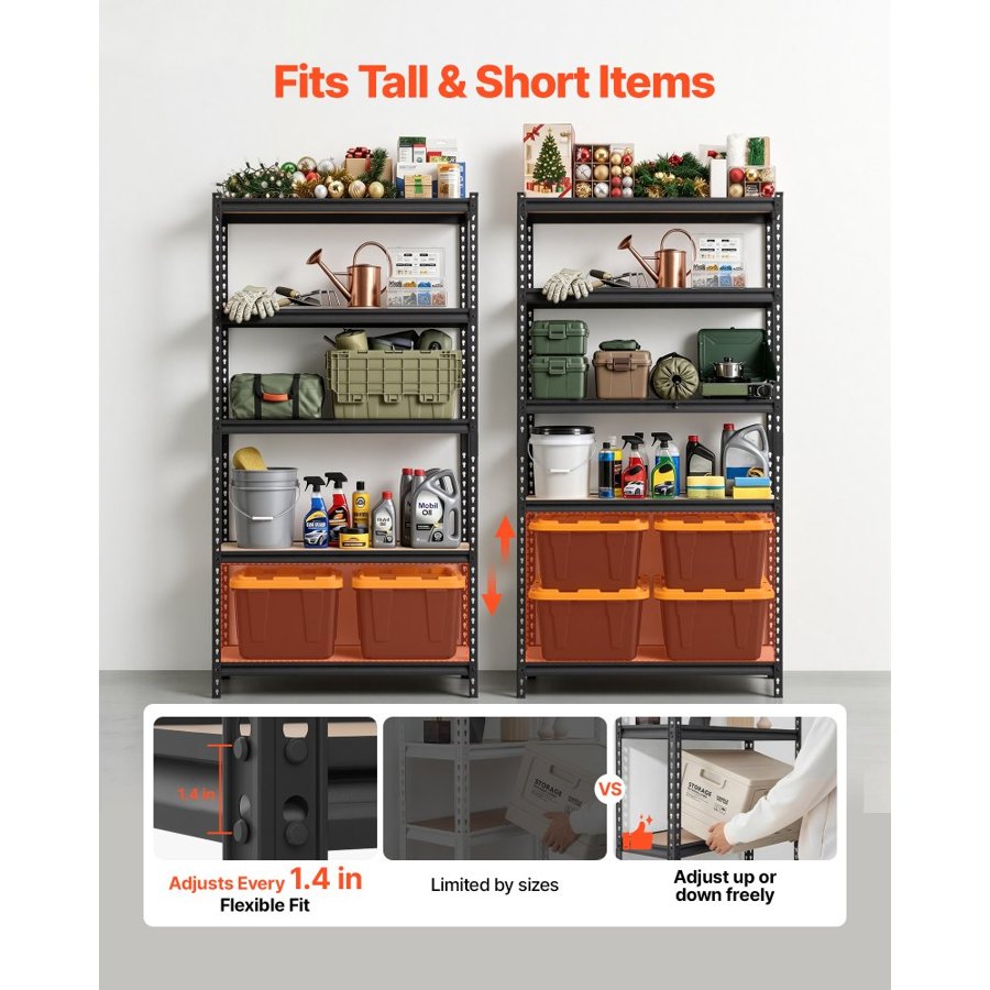 VEVOR Storage Shelves, 5-Tier Adjustable, 907.2 kg Capacity, Heavy Duty Garage Storage Shelving Unit, Metal Utility Rack Shelf, for Garage Warehouse Basement Kitchen, 923 mm W x 415 mm D x 1813 mm H