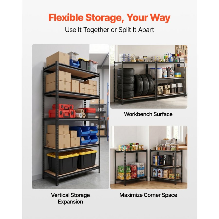 VEVOR Storage Shelves, 5-Tier Adjustable, 907.2 kg Capacity, Heavy Duty Garage Storage Shelving Unit, Metal Utility Rack Shelf, for Garage Warehouse Basement Kitchen, 923 mm W x 415 mm D x 1813 mm H