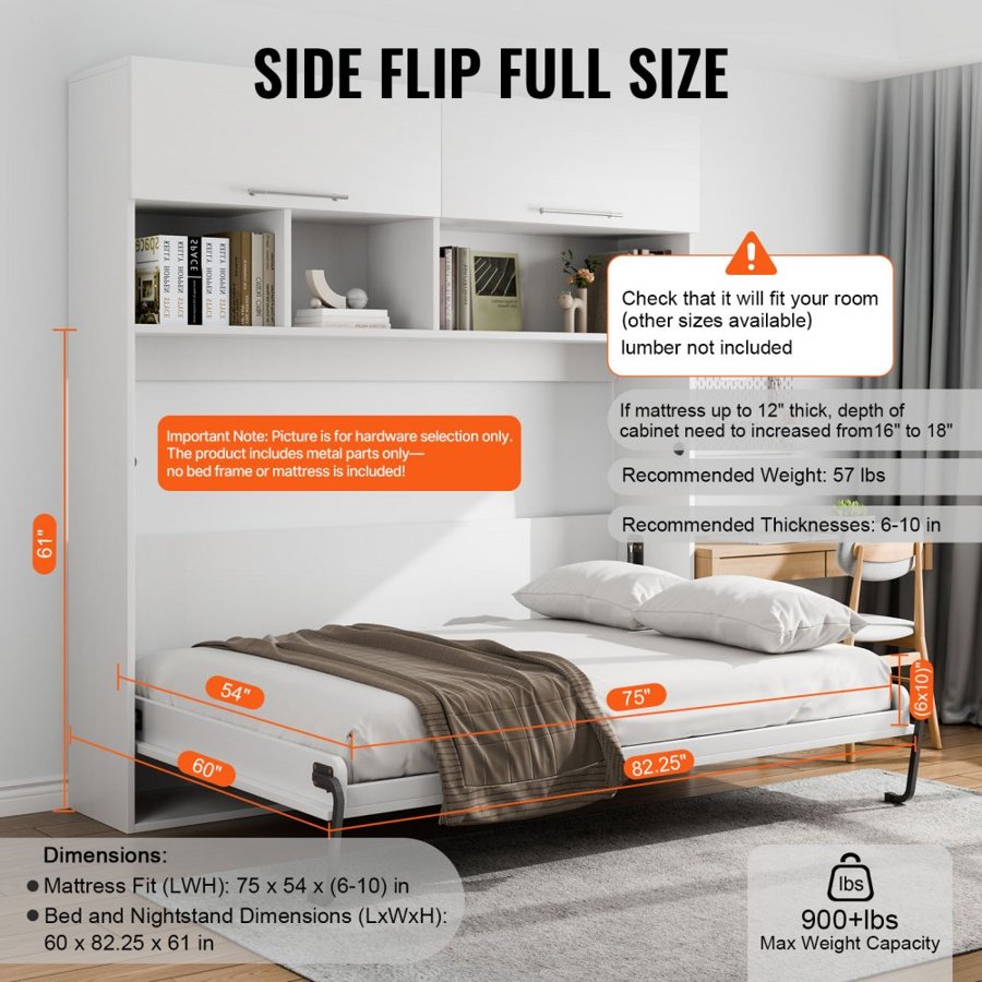 VEVOR Murphy Bed Full Kit – 75 x 54 Inch, 50,000, 6-10 Inch