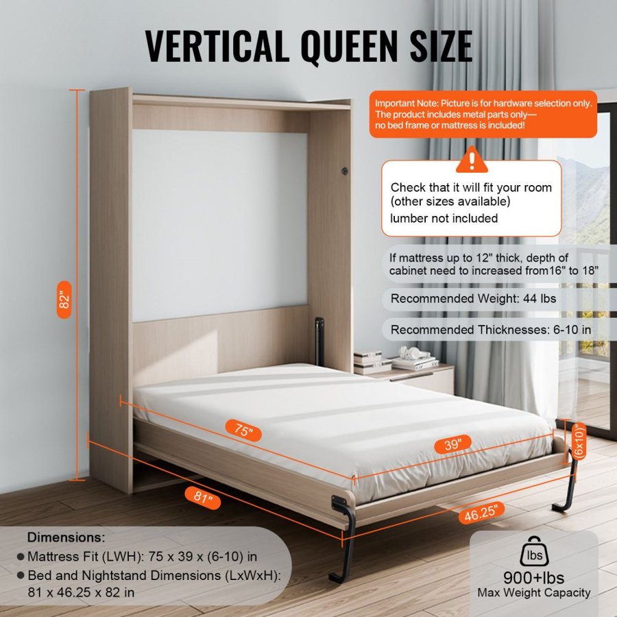 VEVOR Murphy Bed Twin Kit – Vertical, 44lbs, 50k Cycles
