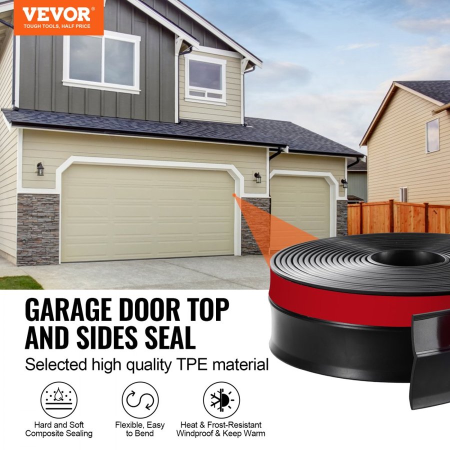 VEVOR Garage Door Seal Top and Sides Seal Strip, 20 FT Universal Weather Stripping Replacement Soft and Hard Composite, Weatherproofing Garage Door TPE Seals with Adhesive Backed and Screws, Black