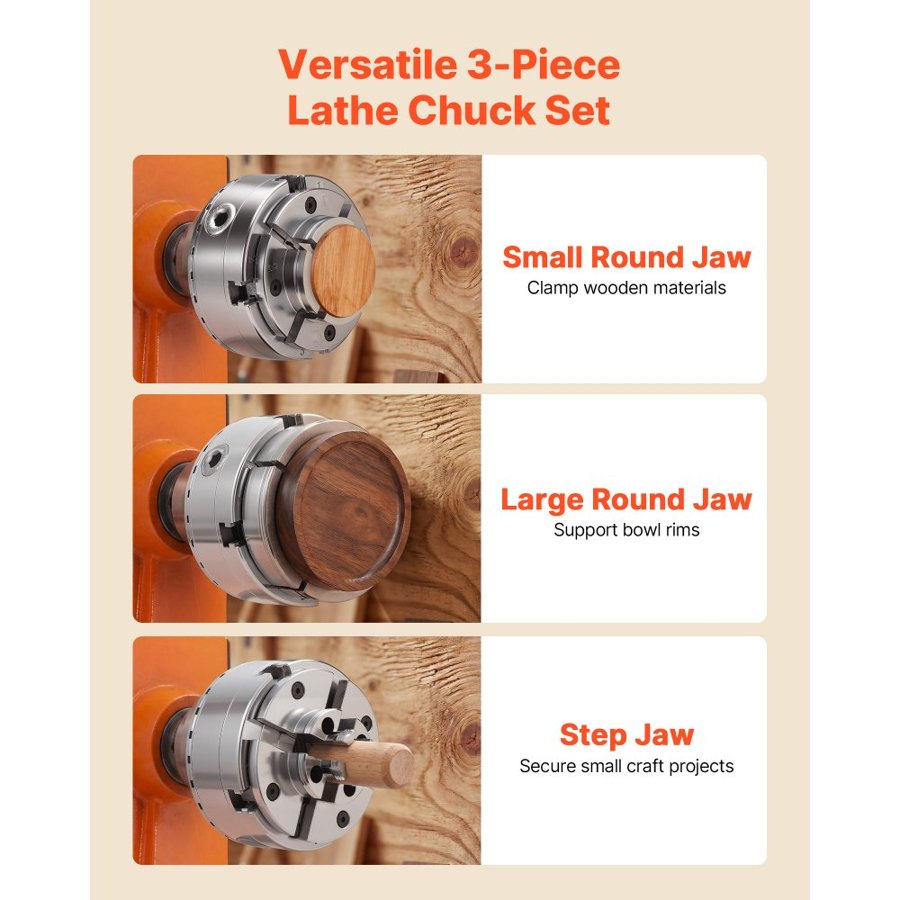 VEVOR 4 Jaw Wood Lathe Chuck – 4", 1×8TPI, Round & Step Jaws