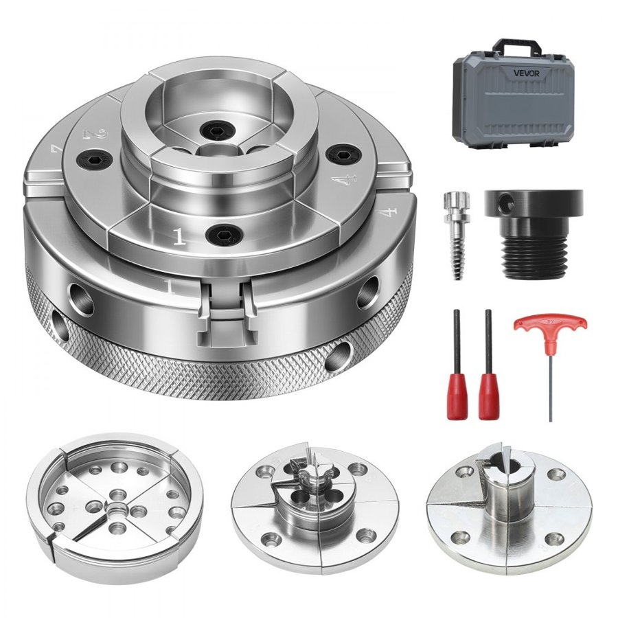 VEVOR 4 Inch Wood Lathe Chuck, 4-Jaw, Self-Centering Wood Turning Chuck Set with 1" x 8TPI Thread & Adapter, 4 PCS Round/Step/Pin Jaws, Case, Nickel-Plated, High-Hardness Steel, for Woodworking Lathe