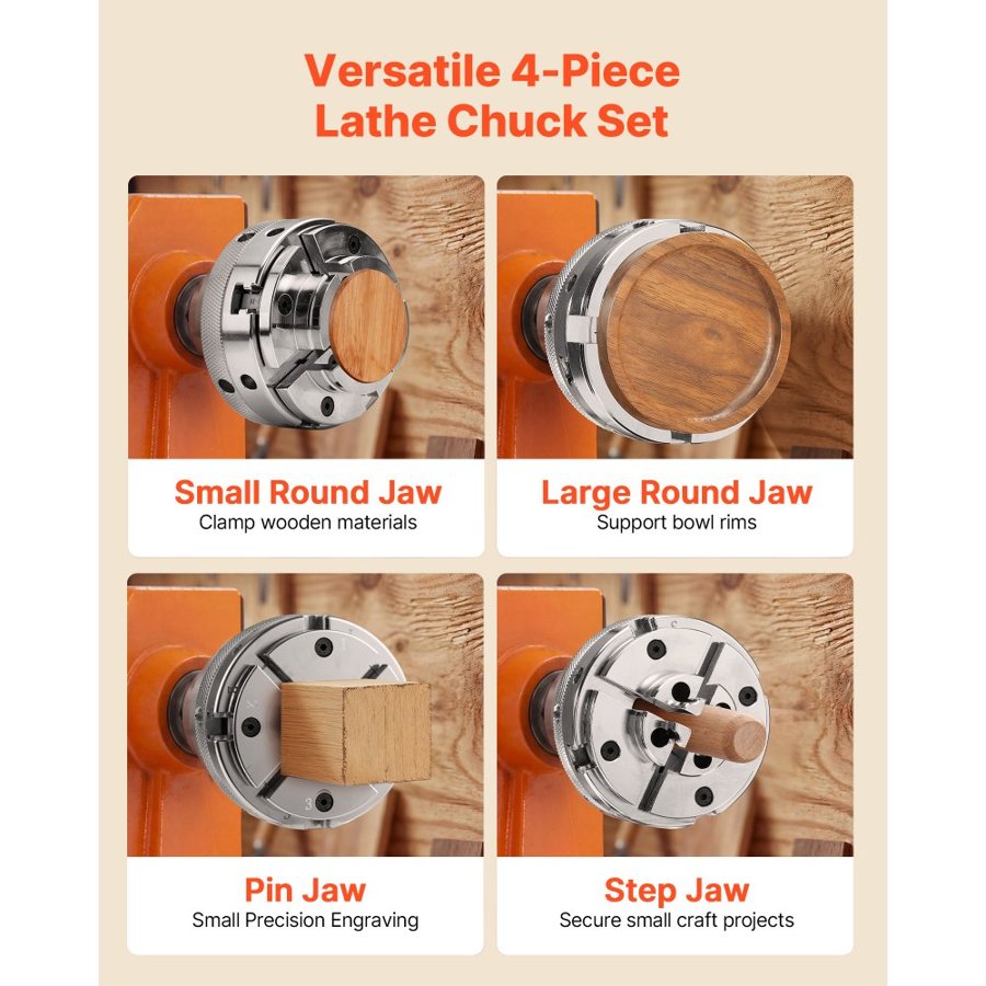 VEVOR 4 Inch Wood Lathe Chuck, 4-Jaw, Self-Centering Wood Turning Chuck Set with 1" x 8TPI Thread & Adapter, 4 PCS Round/Step/Pin Jaws, Case, Nickel-Plated, High-Hardness Steel, for Woodworking Lathe