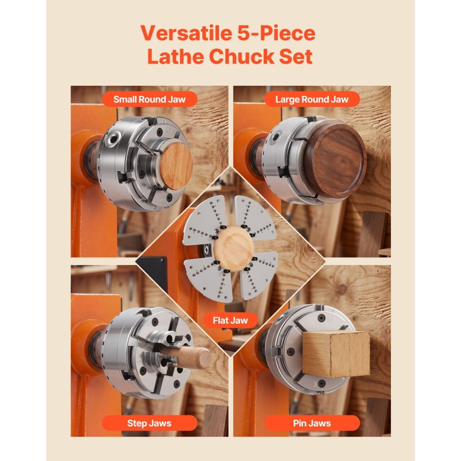 VEVOR 4 Jaw Wood Lathe Chuck – 4 in, 5-Jaw Set, 1"x8TPI