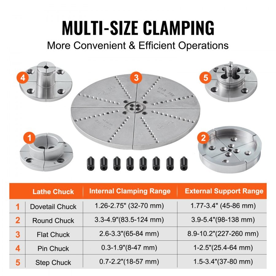 VEVOR KP965 Lathe Chuck, 4-Jaw 9.5 cm Diameter, Metal Lathe Chuck Turning Machine Accessories with 5 Sets of Jaws, Self-centering Tool, for Precision Machining, Grinding Machines, Milling Machines