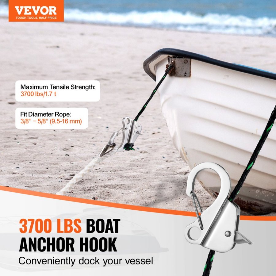VEVOR Boat Anchor Hook, 304 Stainless Steel Slide Anchor, Knotless Anchor System with Quick Release, Boat Anchor Hook Clips for 3/8" - 5/8" Boat Anchor Rope, Easy to Use, Holds 3700 LBS