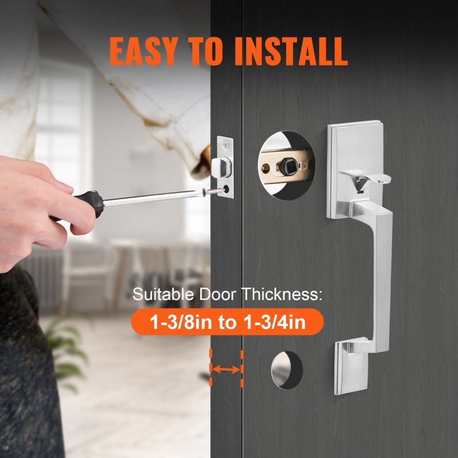 VEVOR Front Door Handle, Square Entry Handle Set with Lever, No Lock, Adjustable Hole Space, Zinc Alloy Die-Casting, Reversible for Right and Left Handed Entrance and Front Doors, Satin Nickel